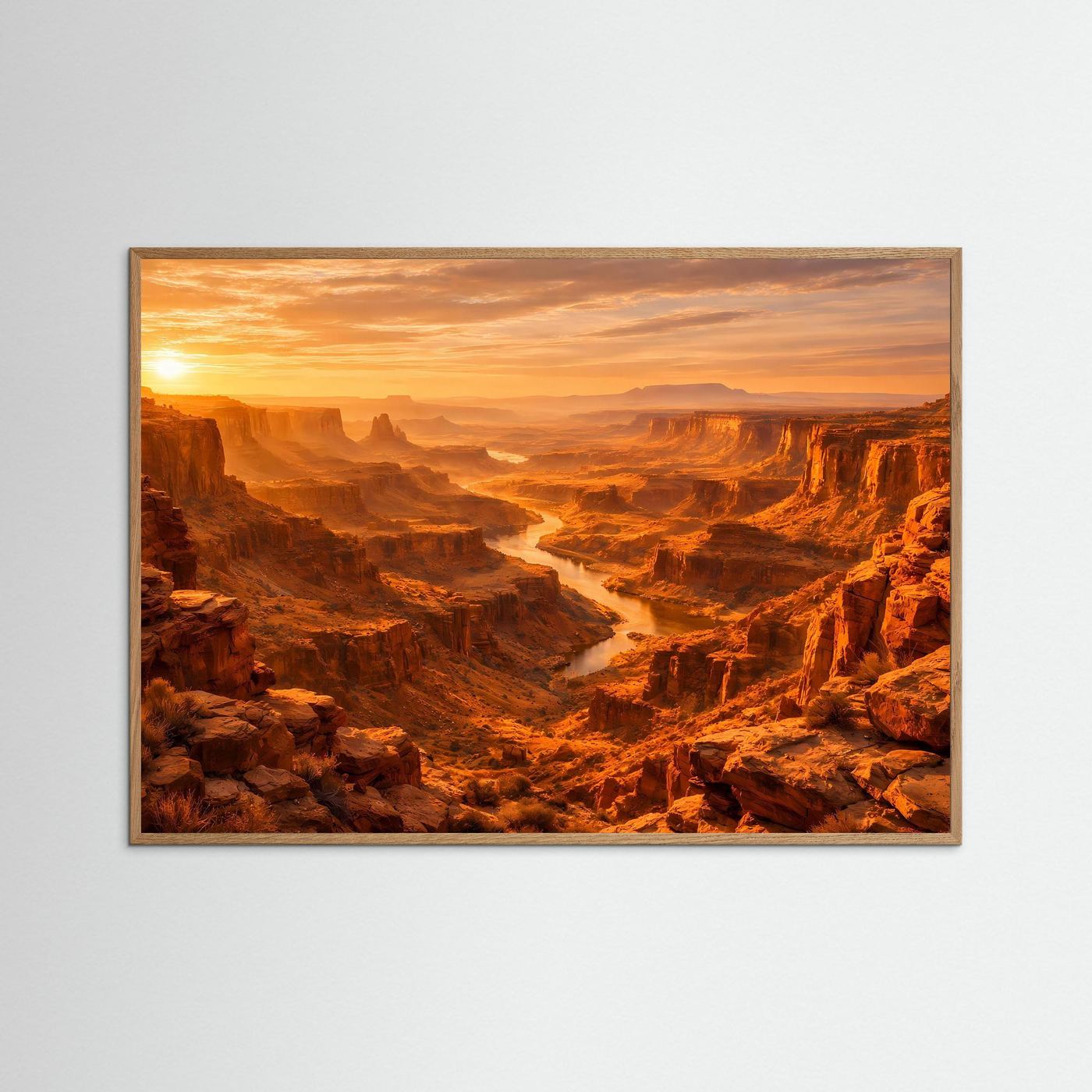 Naturposter Querformat mit Canyonlandschaft bei Sonnenuntergang, heller Holzrahmen