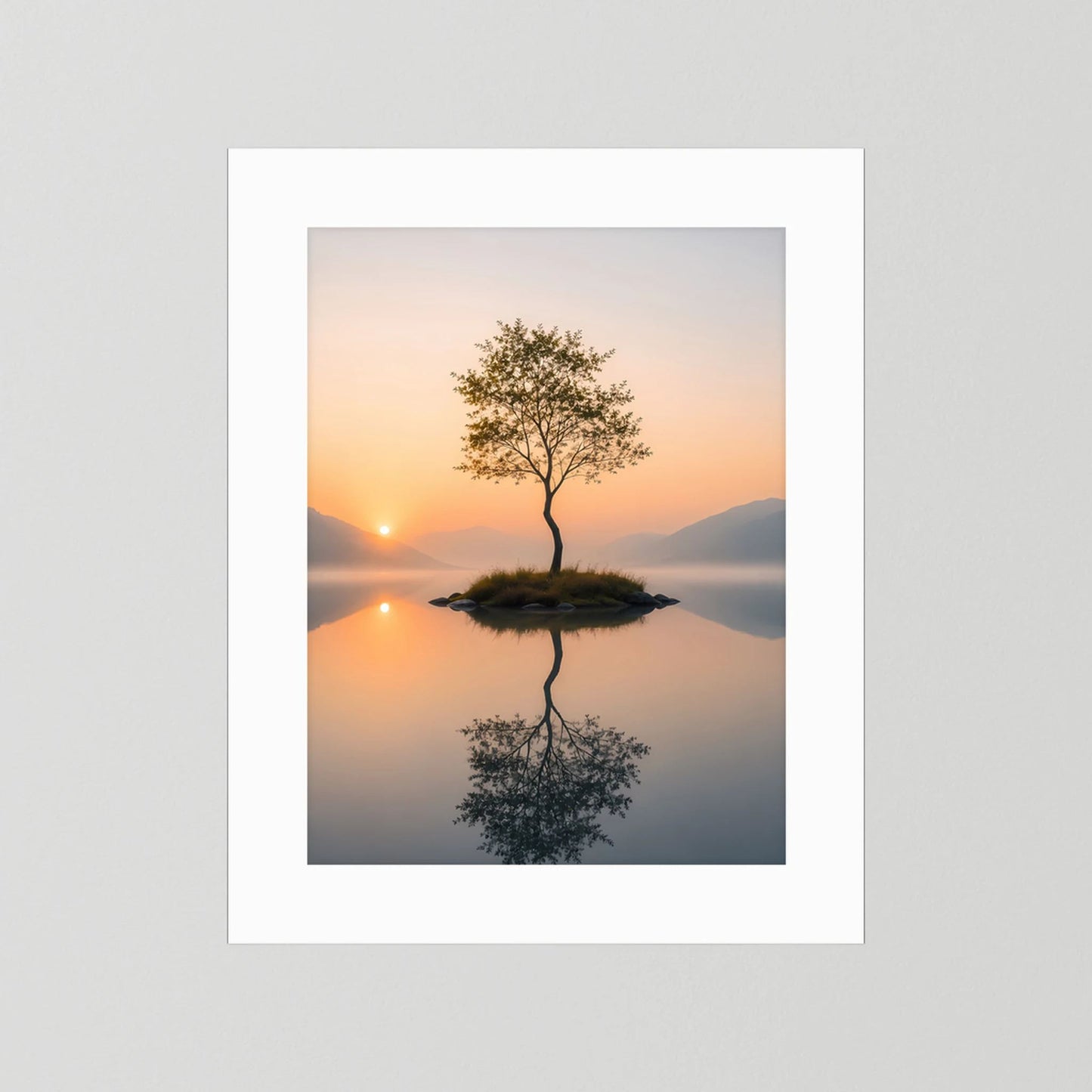 Poster im Hochformat mit weißem Rand: einsamer Baum auf Insel, Spiegelung
