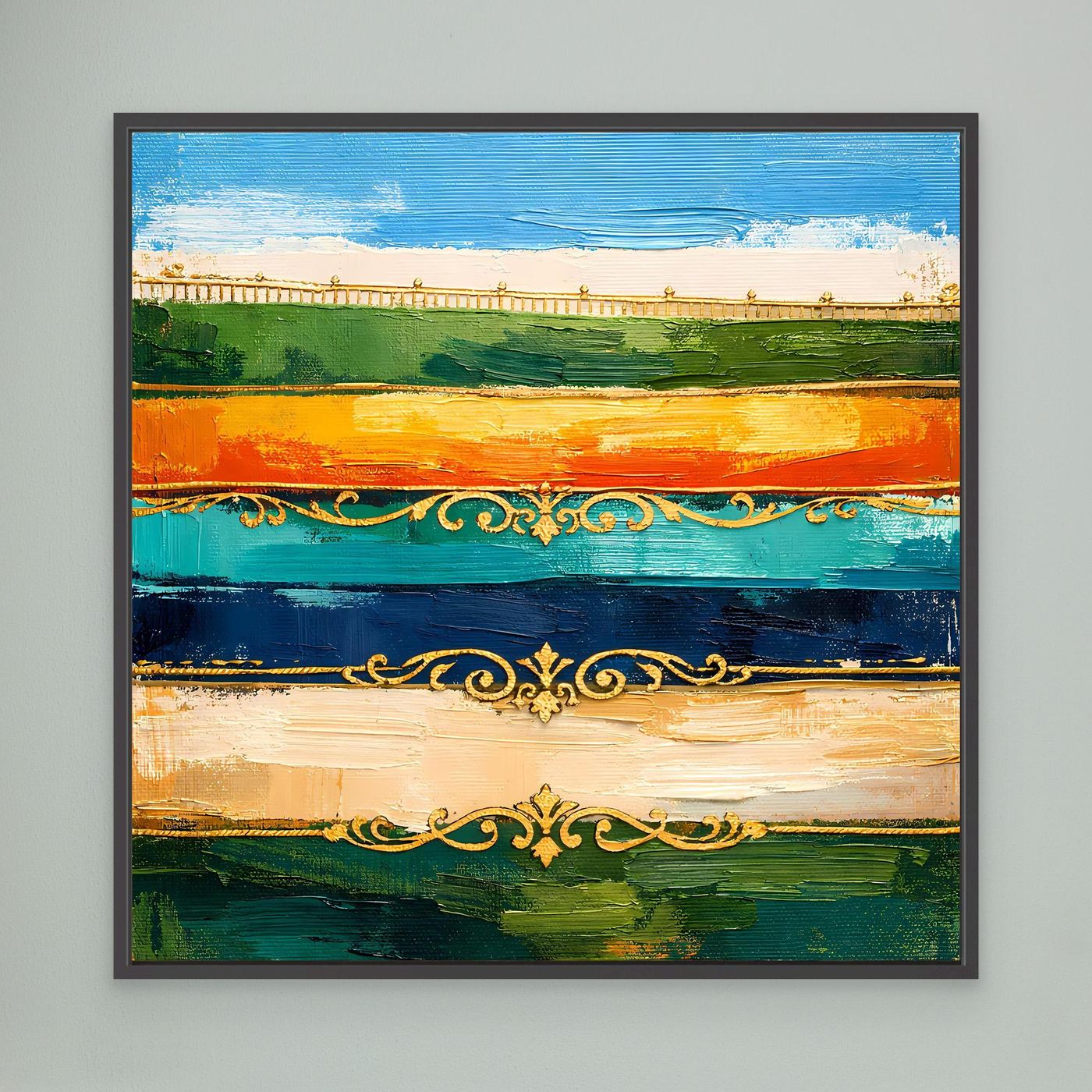 Leinwand Elegante Abstrakte Farbstreifen | Modernes Wandbild mit Goldornamenten
