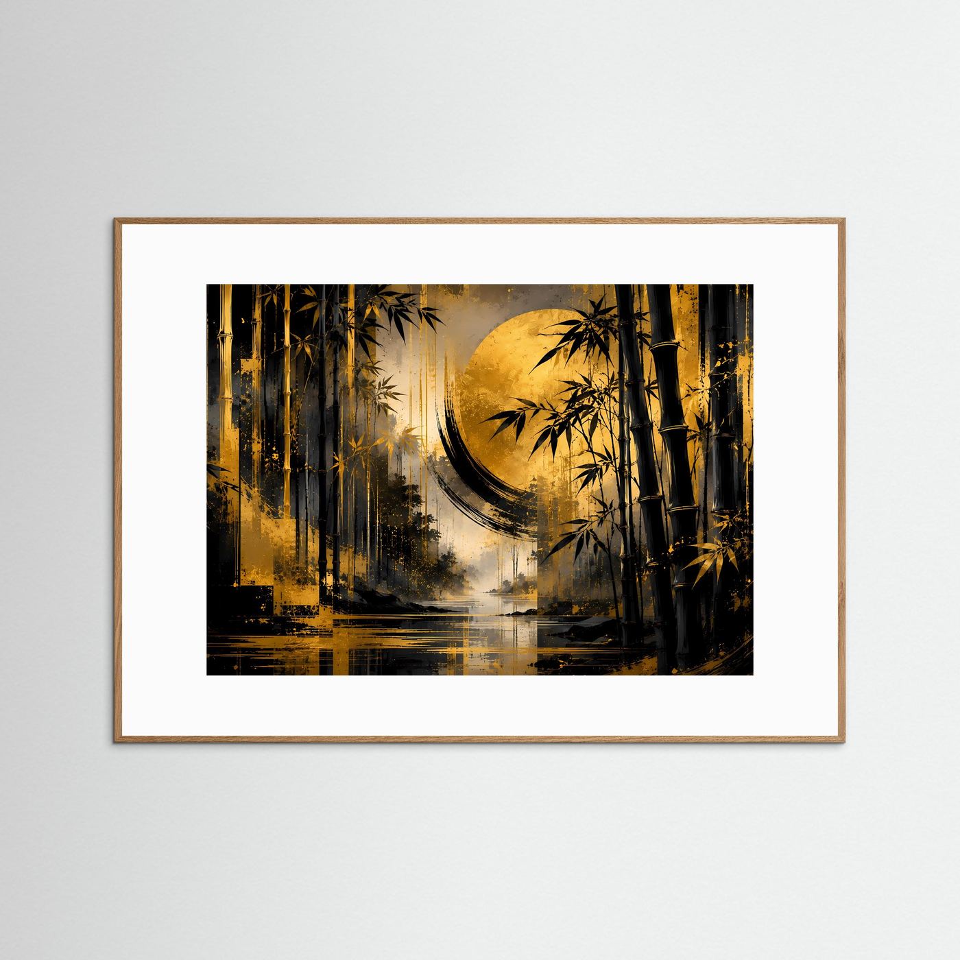 Wandbild mit Bambuswald, goldenem Mond über Wasserlauf, brauner Holzrahmen mit weißem Rand
