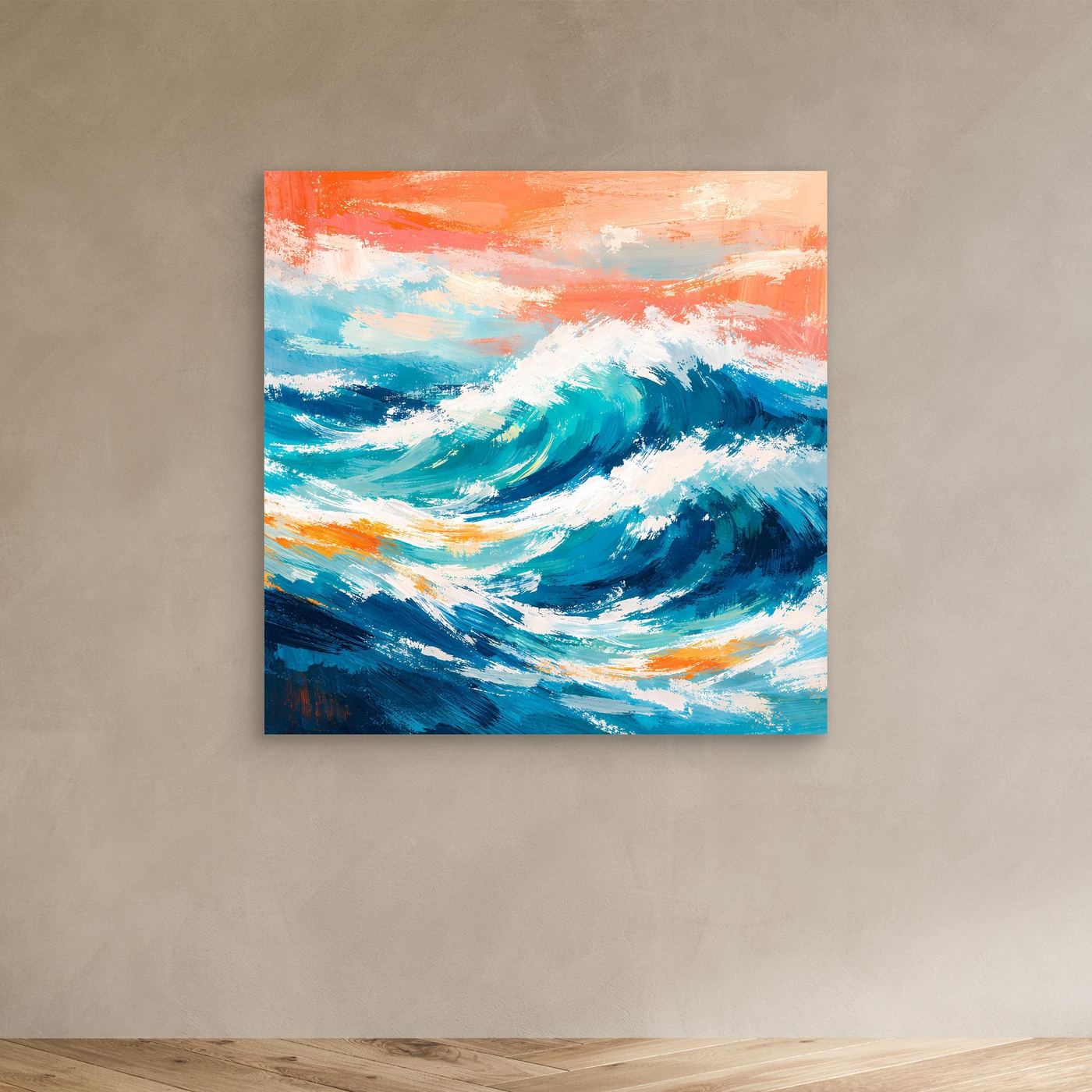 Leinwand-Wandbild mit türkisblauer Meereswelle und orangefarbenem Himmel, ohne Rahmen