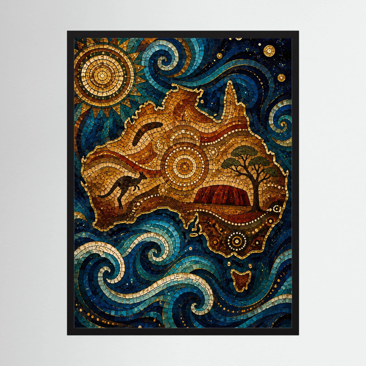 Gerahmtes Hochformat-Poster mit Mosaik-Landschaft, Wellen und sternigen Elementen