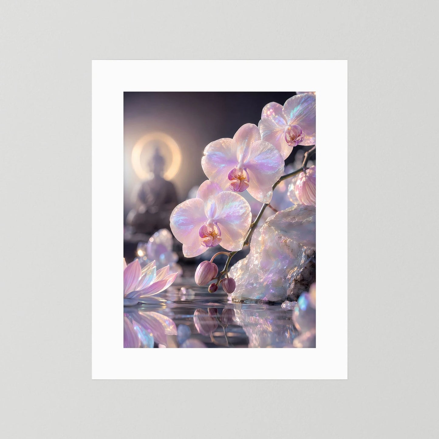Hochformat-Poster mit Perlmutt-Orchideen, weißer Rand