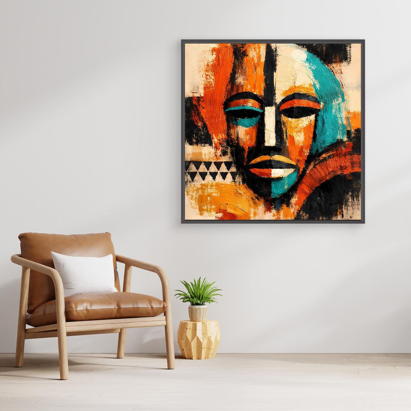 Framed abstract mask canvas with teal facial features, orange-red paint, and black accents