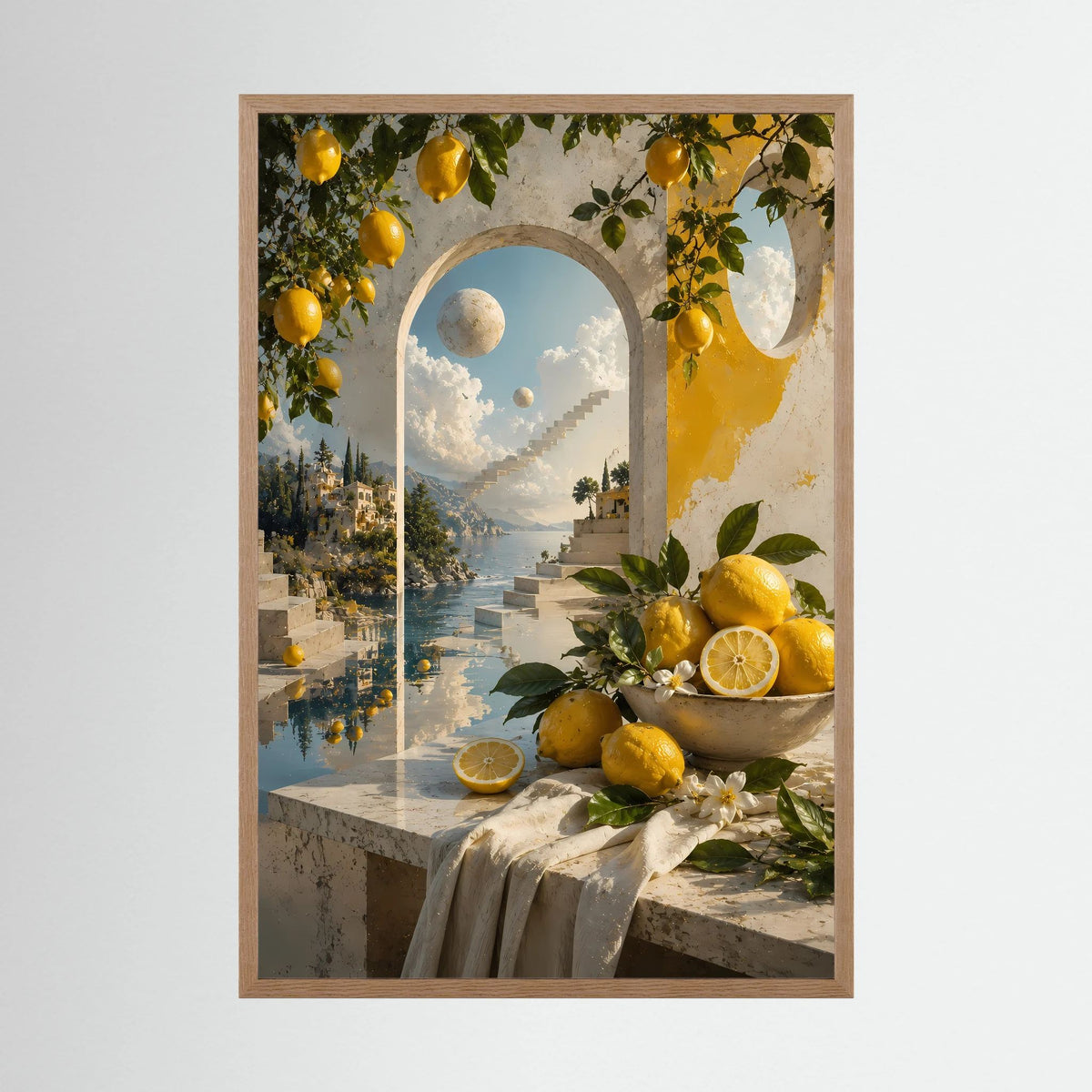 Kunstposter im Hochformat mit hellem Holzrahmen und Zitronen am Mittelmeer