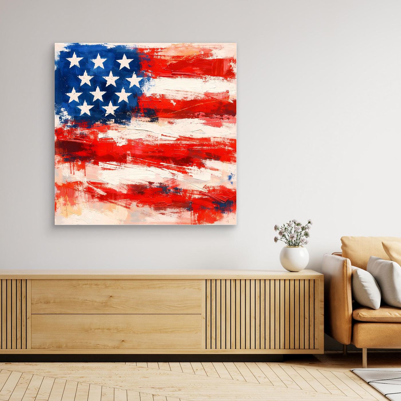 Abstract US flag canvas wall art, red white and blue brush strokes