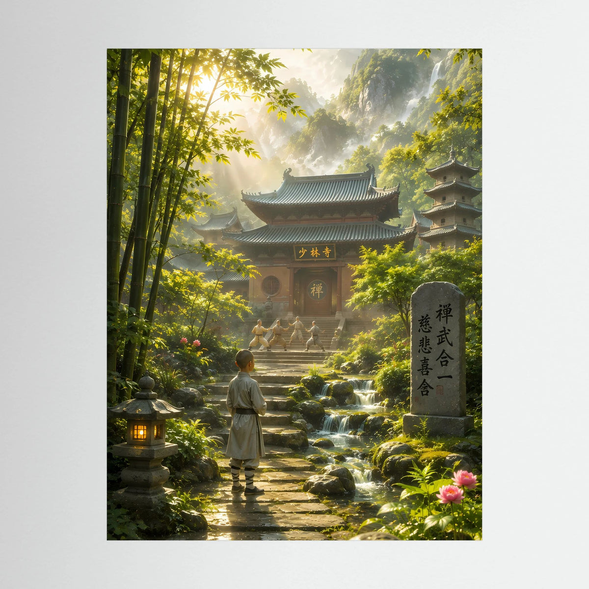 Ungerahmtes Hochformat-Poster, Tempel im Bambuswald mit Lichtstrahlen und Wasser