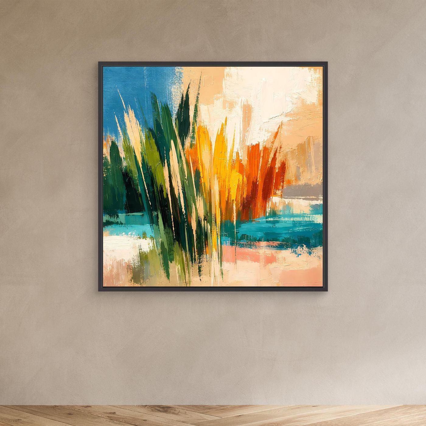 Leinwand-Wandbild mit abstraktem Schilf und See in Grün, Orange und Blau, schwarzer Rahmen