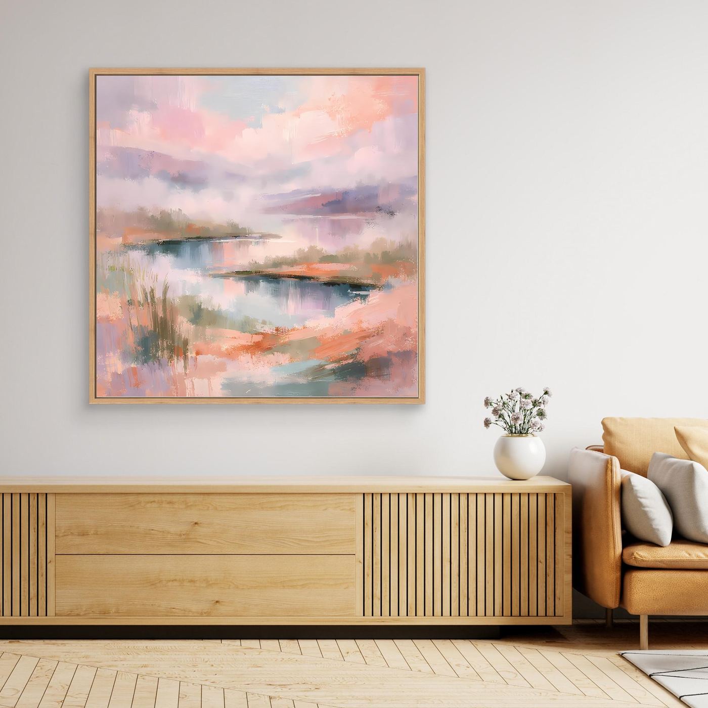 Abstraktes Pastell-Leinwandbild mit Seenlandschaft, rechteckig, goldener Rahmen