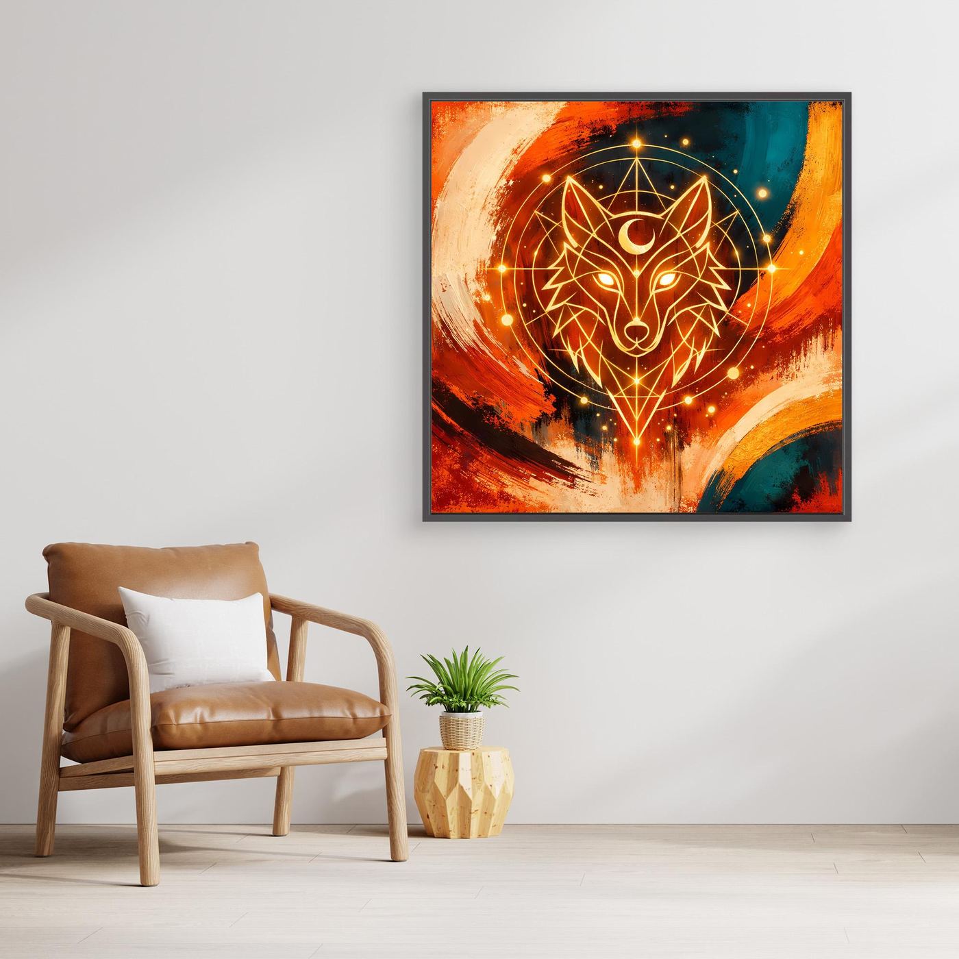 Gerahmtes quadratisches Leinwandbild mit geometrischem Wolf, goldenen Linien und leuchtenden Punkten