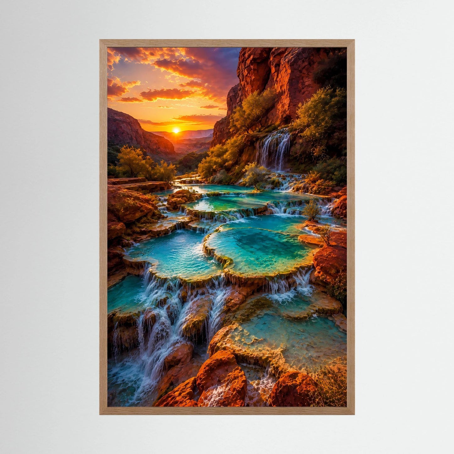 Hochformat-Poster im Holzrahmen mit Wasserfällen im Canyon und türkisfarbenen Pools