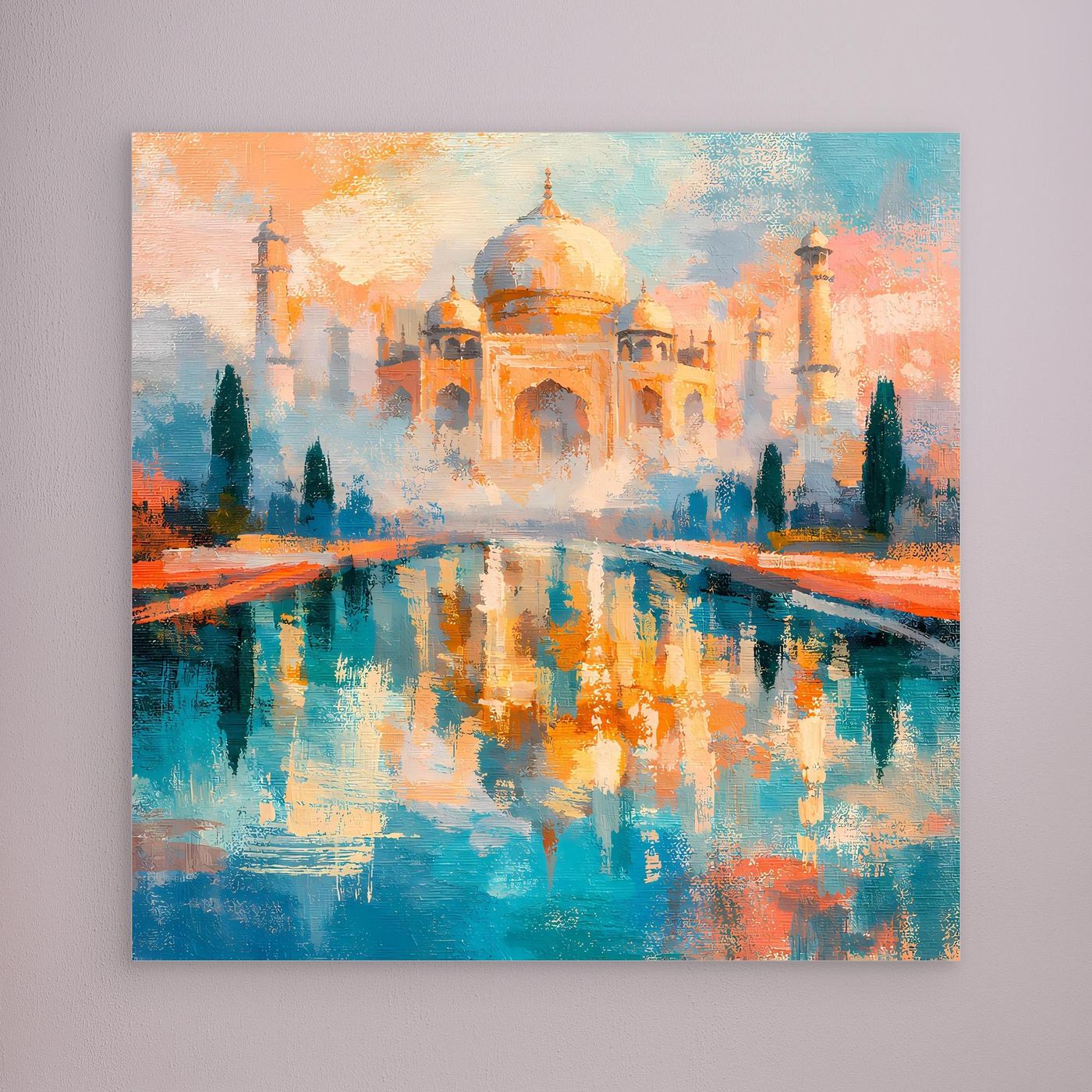 Wandbild mit abstrakter Taj-Mahal-Darstellung und Spiegelung im Wasser, ohne sichtbaren Rahmen
