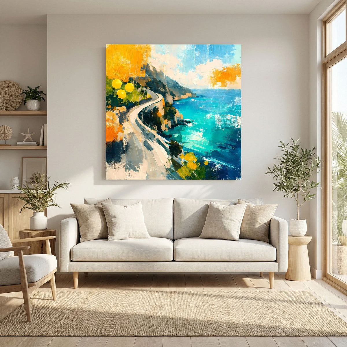 Abstraktes Leinwandbild mit Küstenweg, orange-gelben Akzenten und türkisblauem Meer