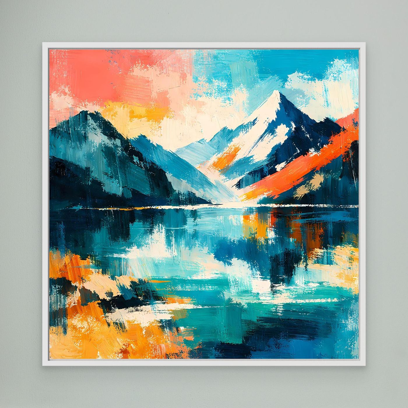 Gerahmtes Leinwand-Wandbild mit abstrakter Bergwelt und See, weißer Rahmen
