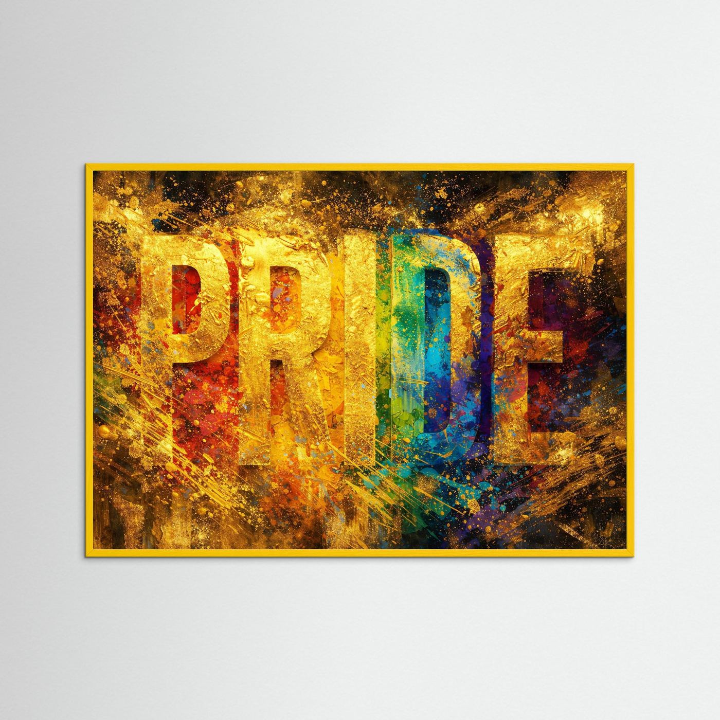 Wandbild mit PRIDE-Schrift in Gold und Regenbogen, gelber Rahmen