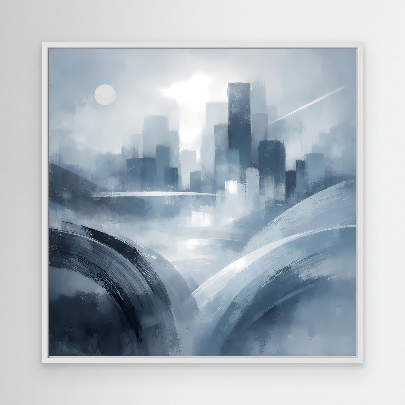 Leinwandbild abstrakte Skyline in Blau-Grau mit weißem Rahmen