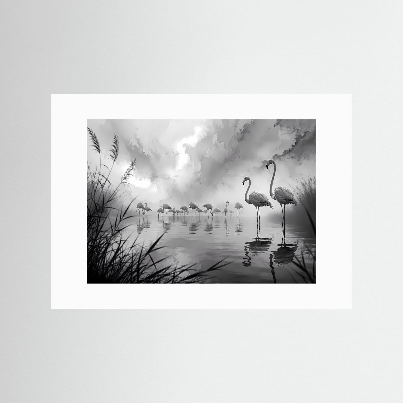 Flamingos im Nebel Schwarz-Weiß | Elegante Natur Wandkunst