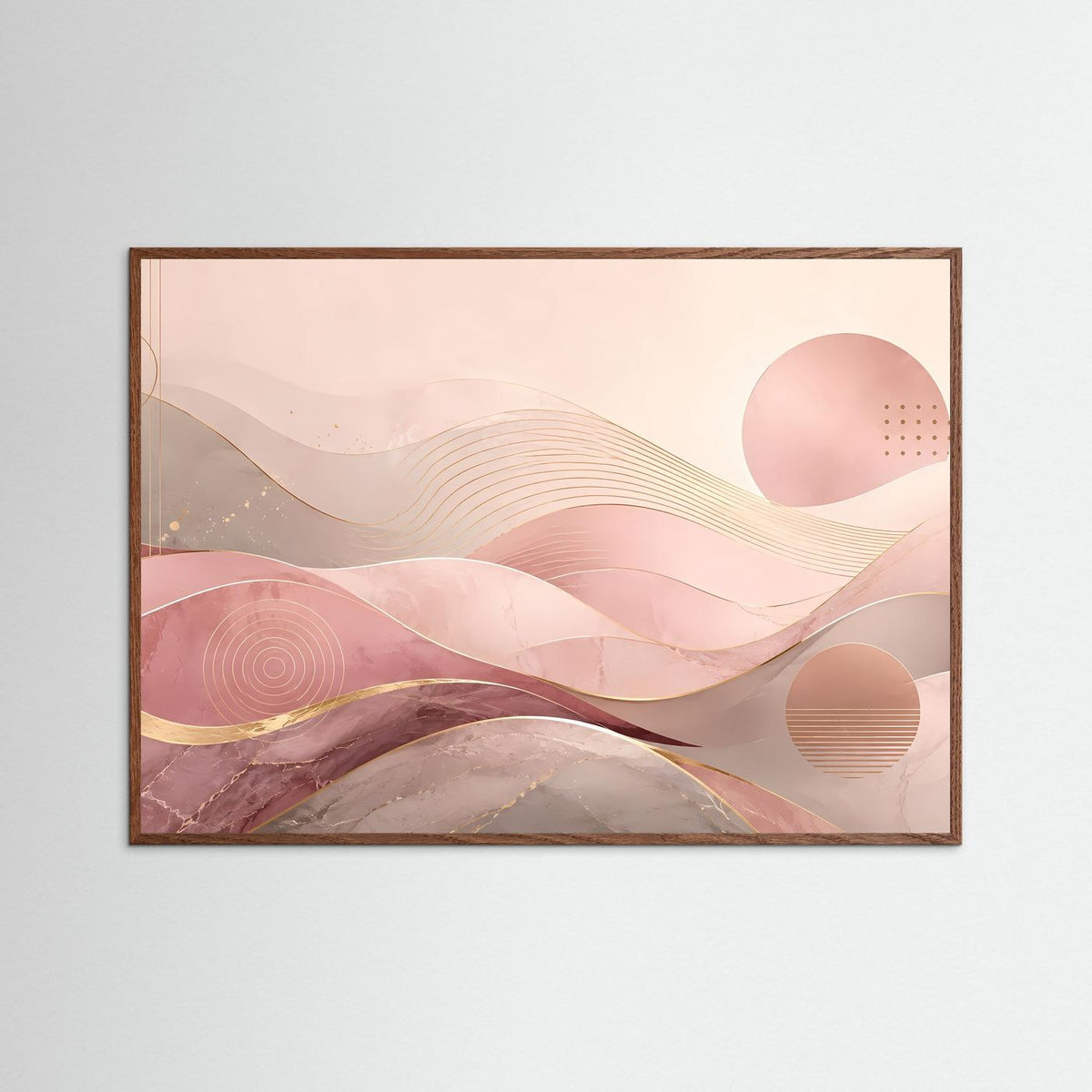 Abstraktes Wellen-Poster querformat mit rosa und Gold in dunklem Eichenrahmen