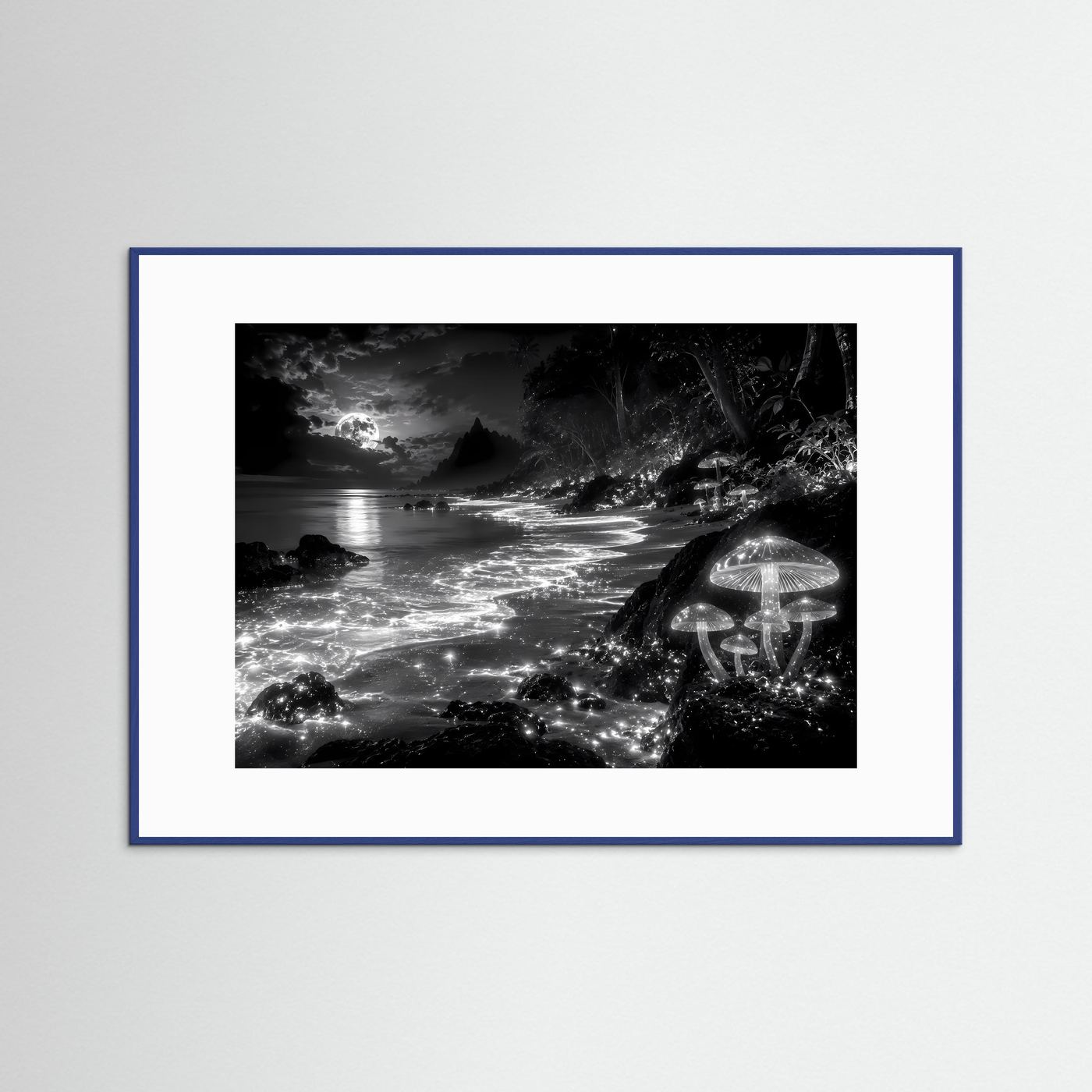 Wandbild Mondstrand in Schwarzweiß mit leuchtendem Seetentakel-Motiv, blauer Rahmen