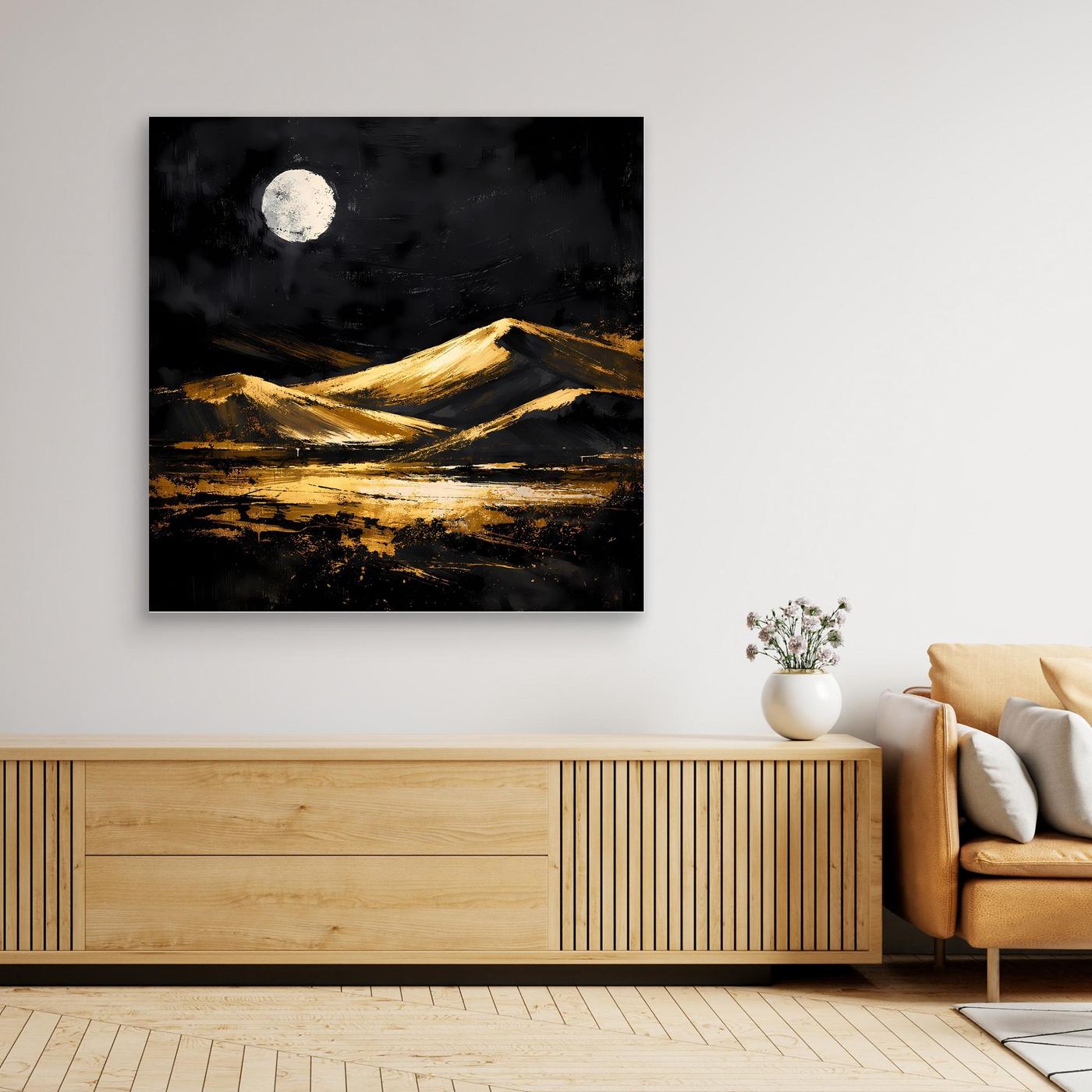 Leinwand Goldene Wüstendünen bei Vollmond | Modernes Abstraktes Landschafts Wandbild