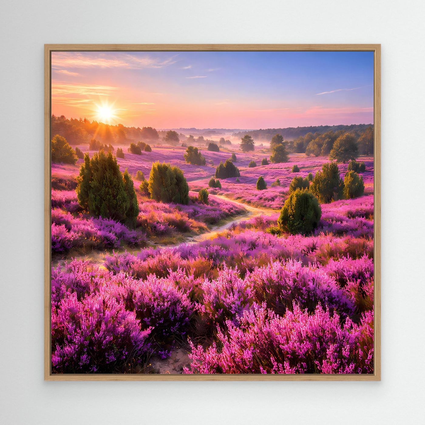 Leinwandbild Heidekrautfeld mit Sonnenaufgang, Holzrahmen in Eiche-Optik