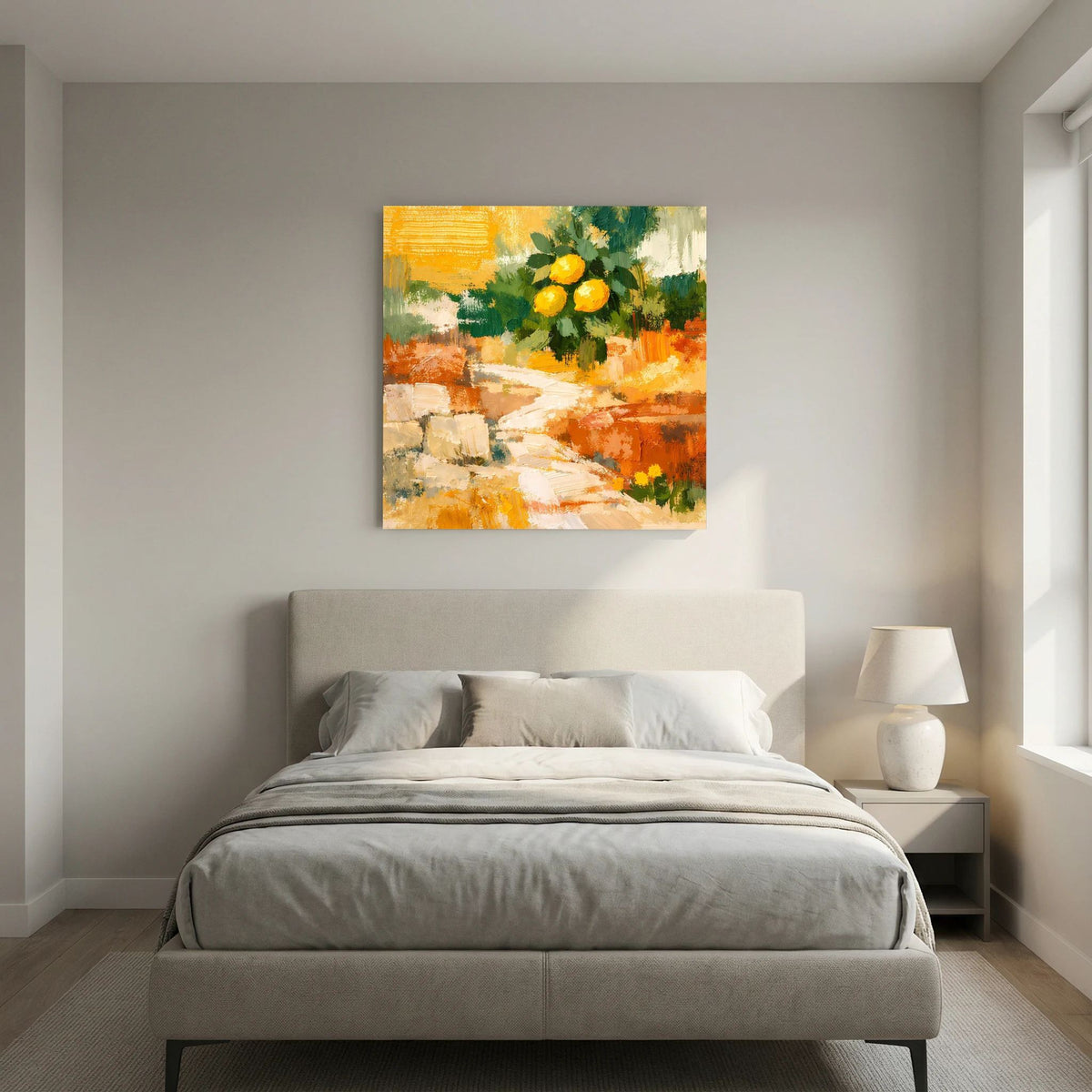 Wandbild über dem Bett, abstraktes Motiv mit Zitronenzweig und orange-grünen Farbflecken