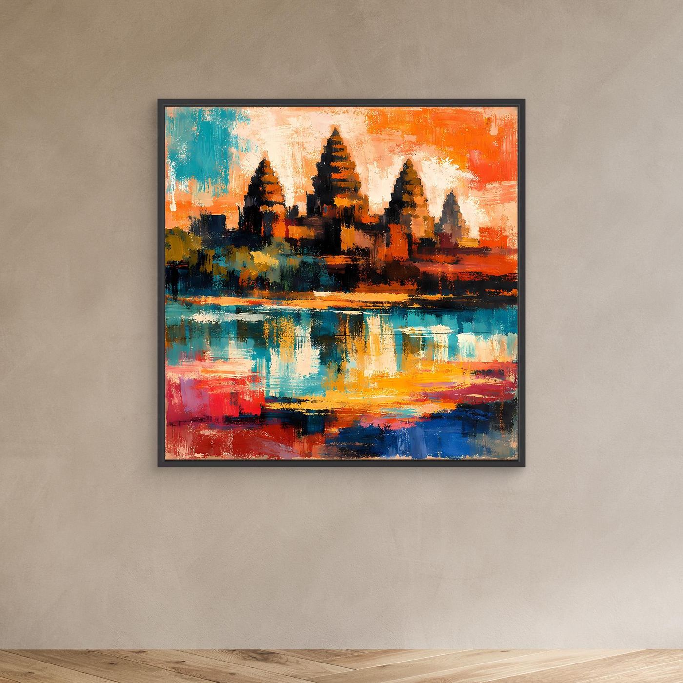 Leinwand-Wandbild mit schwarzem Rahmen, abstrakte Maya-Pyramide in Orange-Blau und Spiegelung