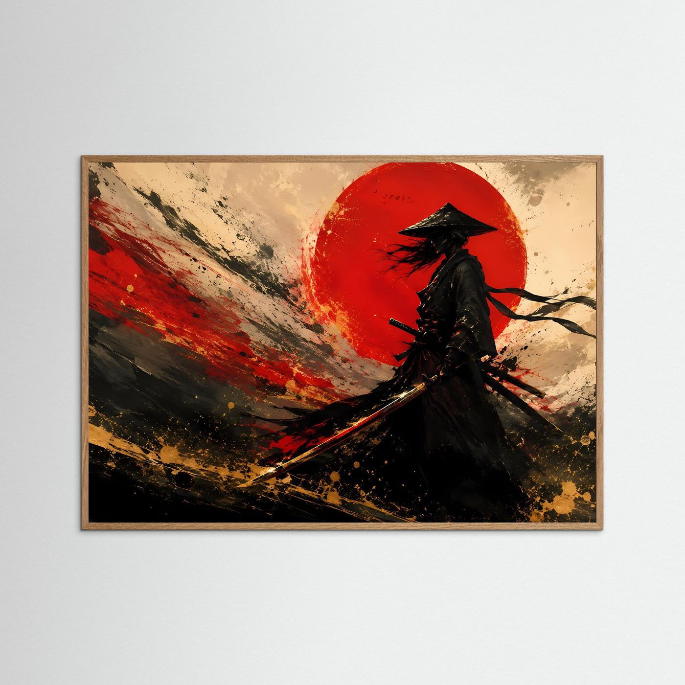 Samurai vor der Roten Sonne | Abstrakte Japanische Wandkunst in Schwarz, Gold & Rot