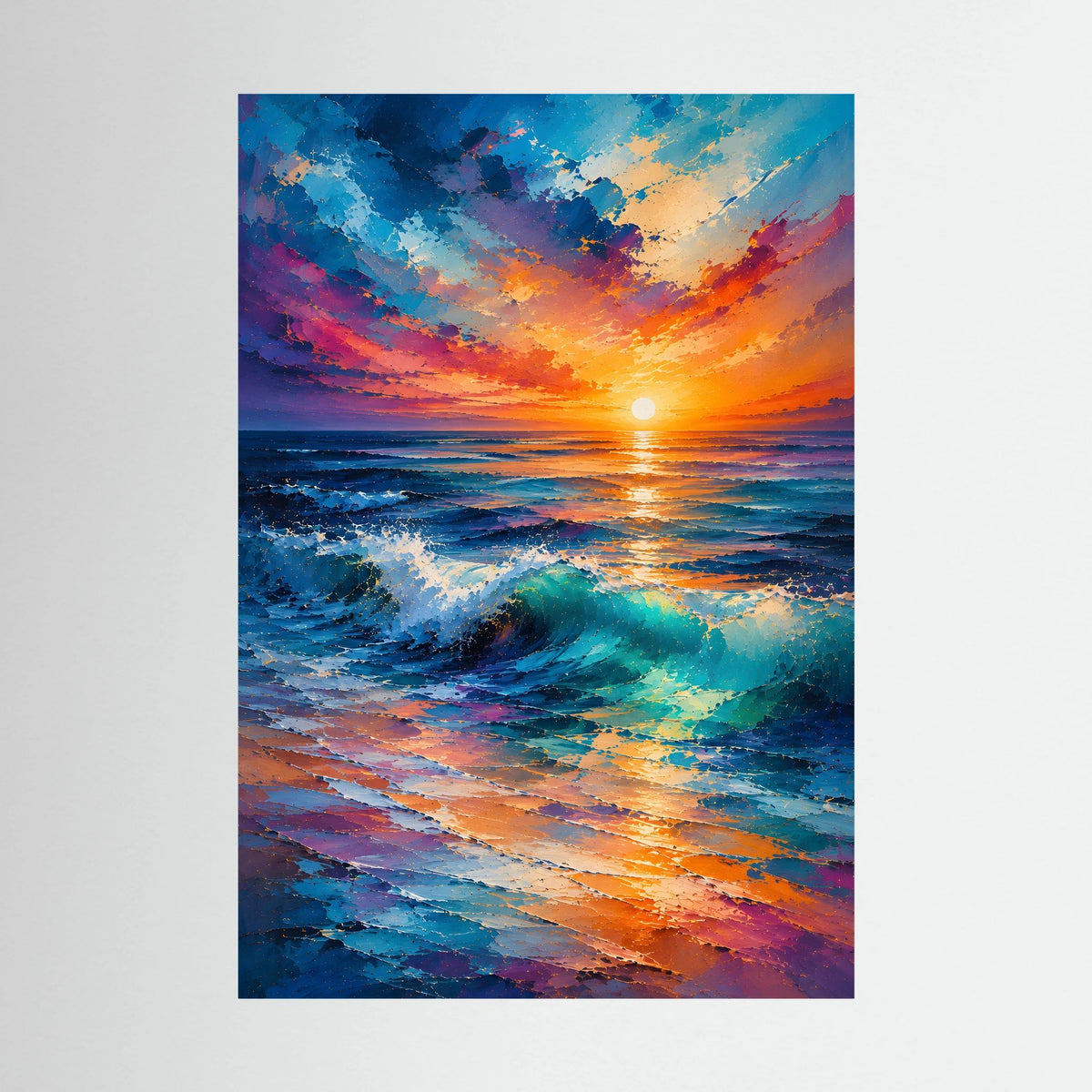Hochformat-Poster mit Sonnenuntergang über dem Meer, kräftige blaue und orangefarbene Wellen