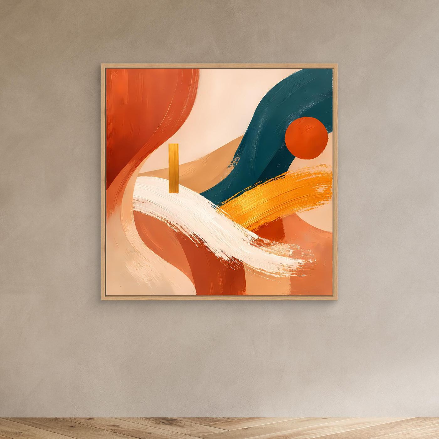 Abstraktes Wandbild auf Leinwand mit beigem Rahmen; Terrakotta- und Petrolflächen