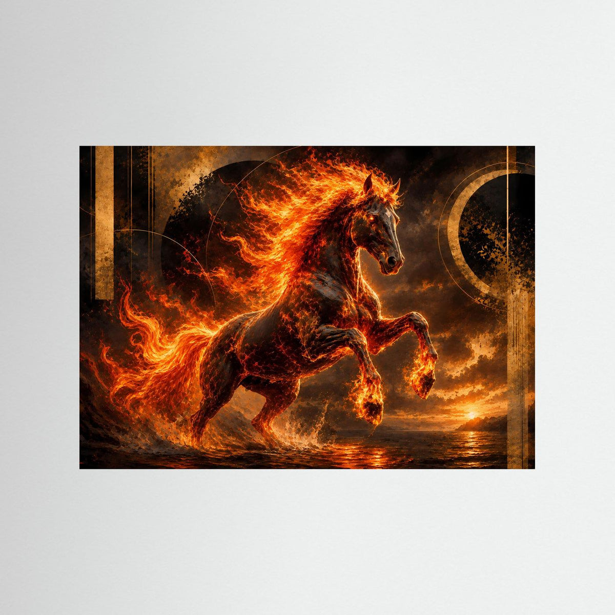 Poster im Querformat: mystisches Pferd mit Flammen in Schwarz, Gold und Orange.