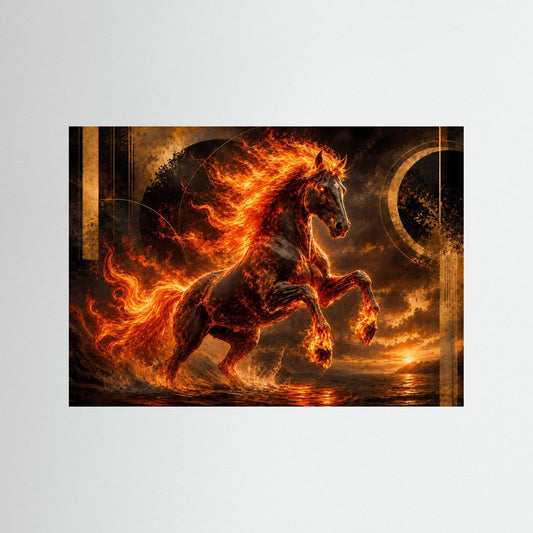 Poster im Querformat: mystisches Pferd mit Flammen in Schwarz, Gold und Orange.
