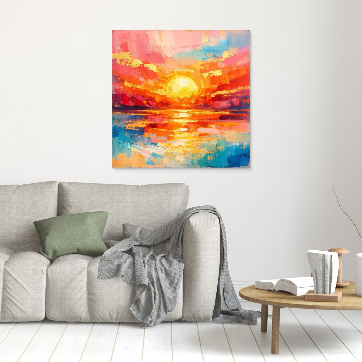 Leinwandbild abstraktes Meer mit Sonne, warmes Orange-Rot und Blau, weißer Rahmen