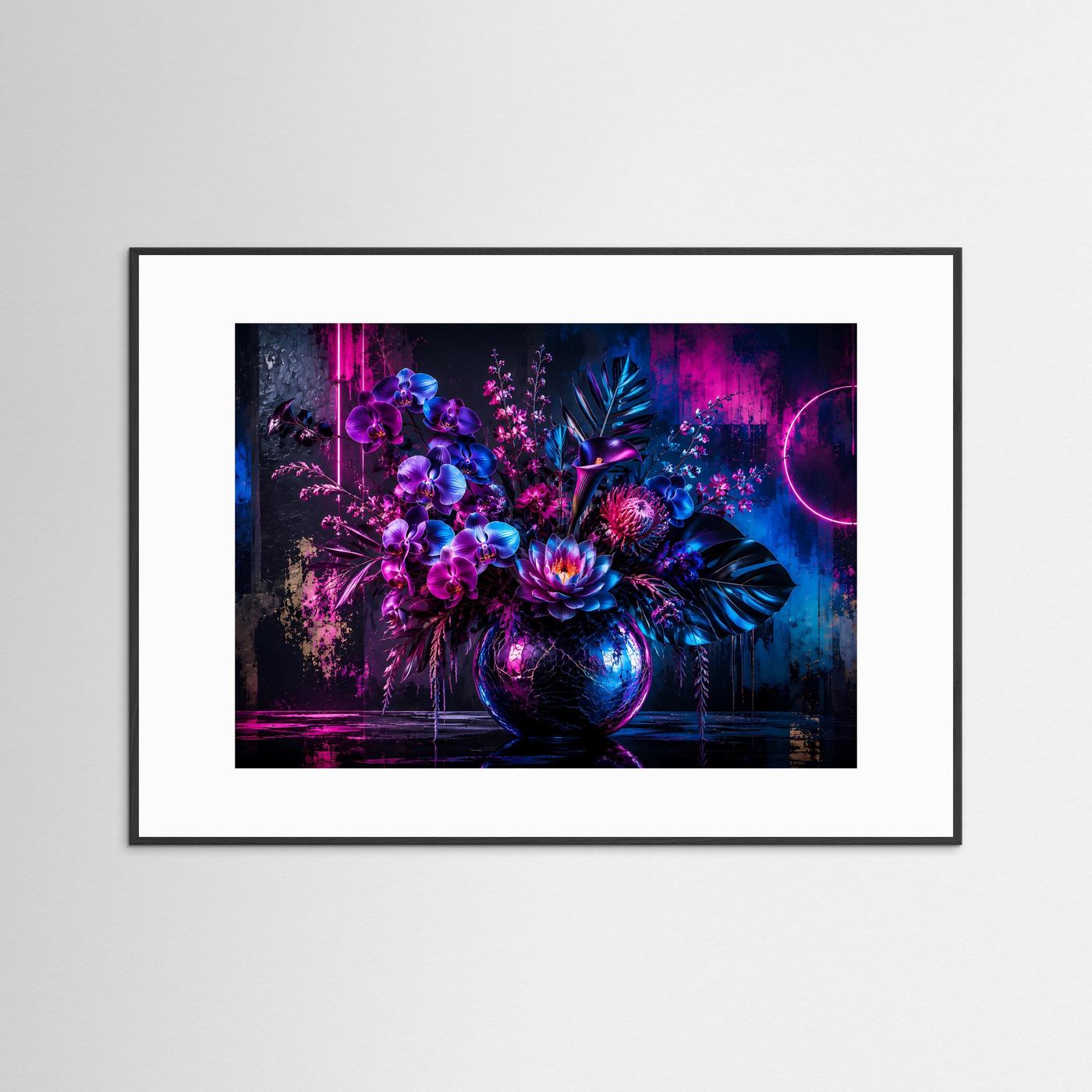 Neon Blumenstrauß Poster Querformat | Moderne Florale Wandkunst in Pink, Blau & Violett | Futuristisches Blumen Wandbild