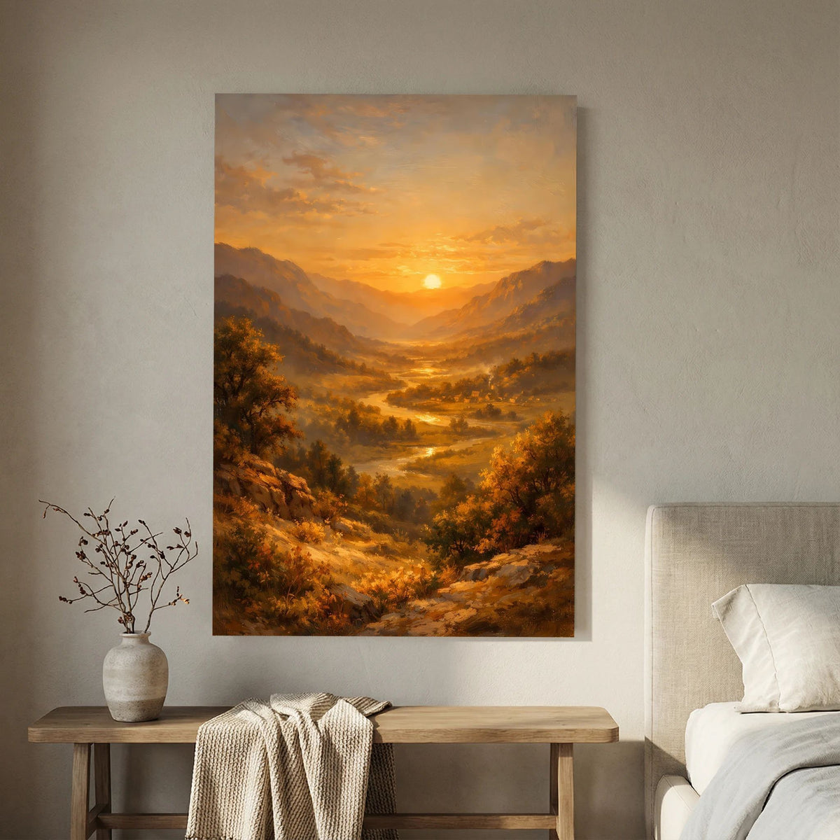 Hochformatiges Wandbild: Sonnenuntergang über dem Flusstal in den Bergen