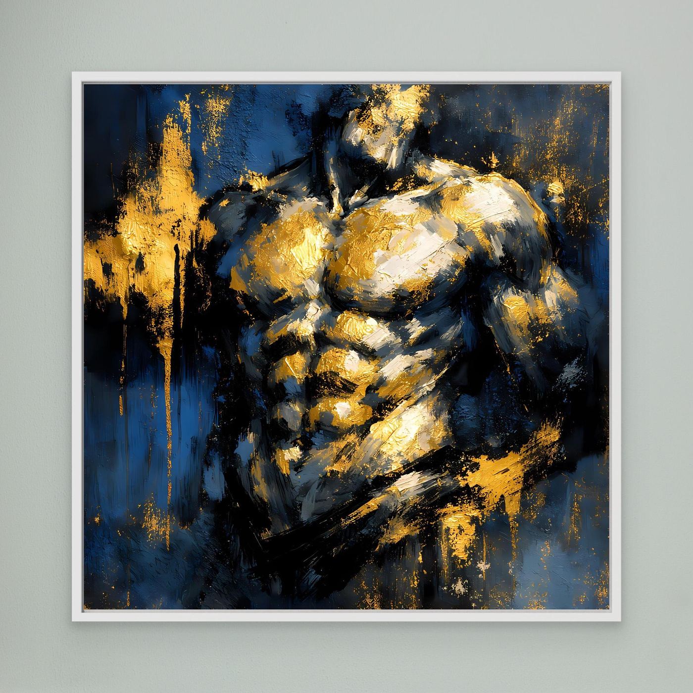 Leinwand Kraftvoller Männlicher Torso in Gold und Blau | Abstraktes Bodybuilding Wandbild