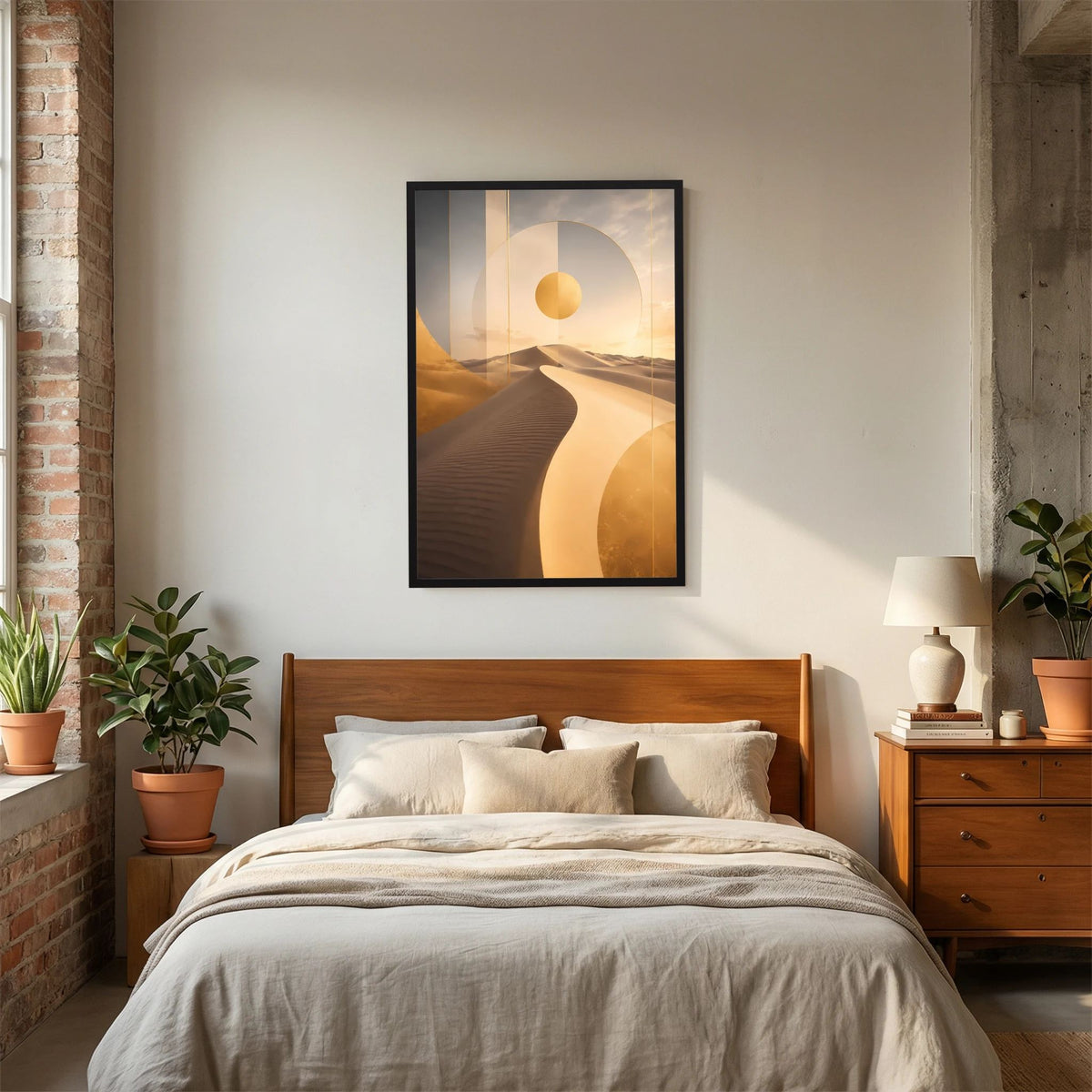 Hochformat-Poster mit goldenen Dünen und Sonnenkreisen, im schwarzen Rahmen
