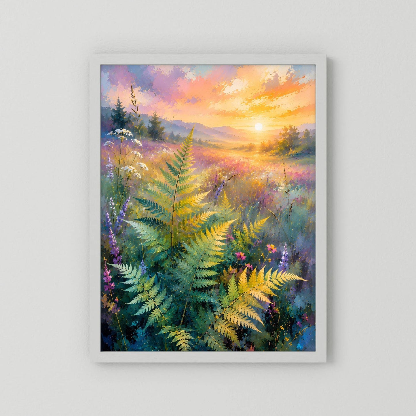 Poster im Hochformat mit abstrakter Farnlandschaft in Pastellfarben, Sonnenaufgang, weißer Rahmen