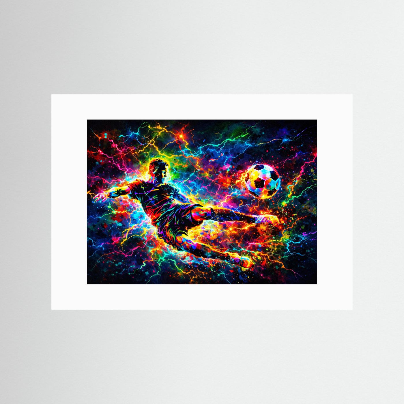 Wandbild-Print: Neon-Fußballspieler mit Ball, bunte Energieblitze, mit weißem Rand