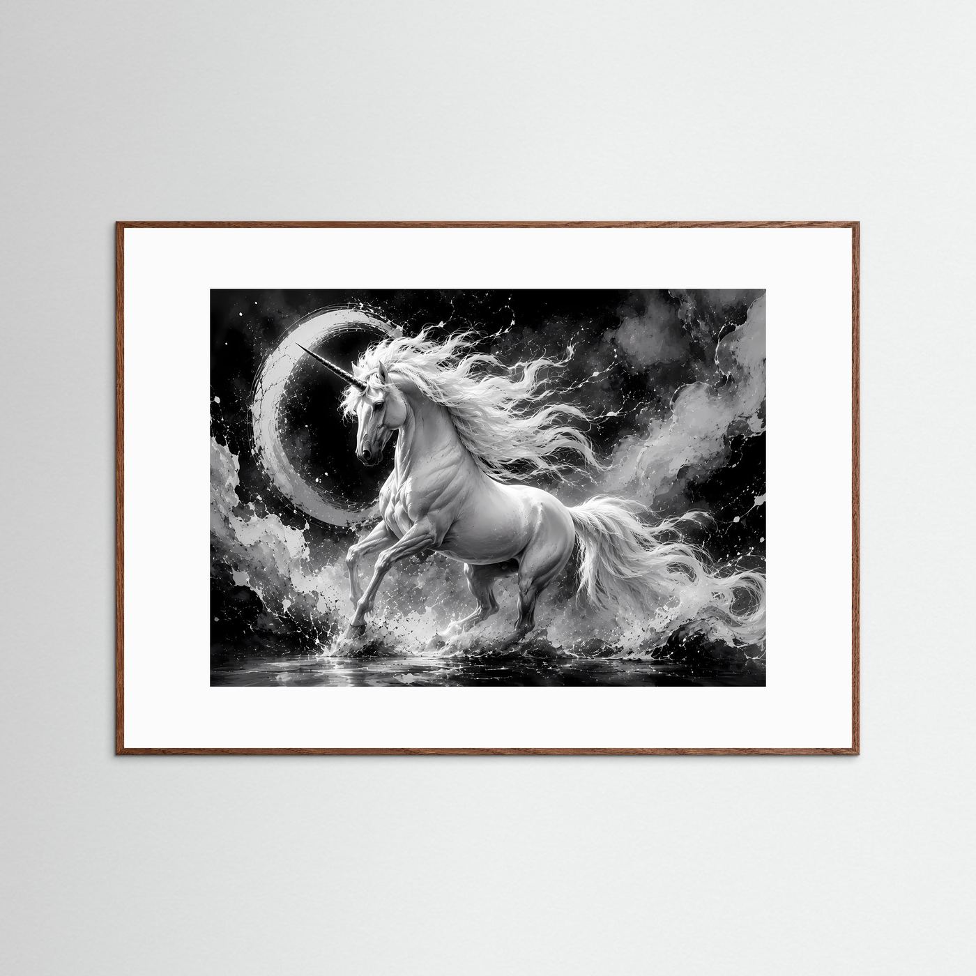 Einhorn Schwarz Weiß Poster Querformat | Mystische Fantasy Wandkunst | Monochrome Elegante Leinwandkunst