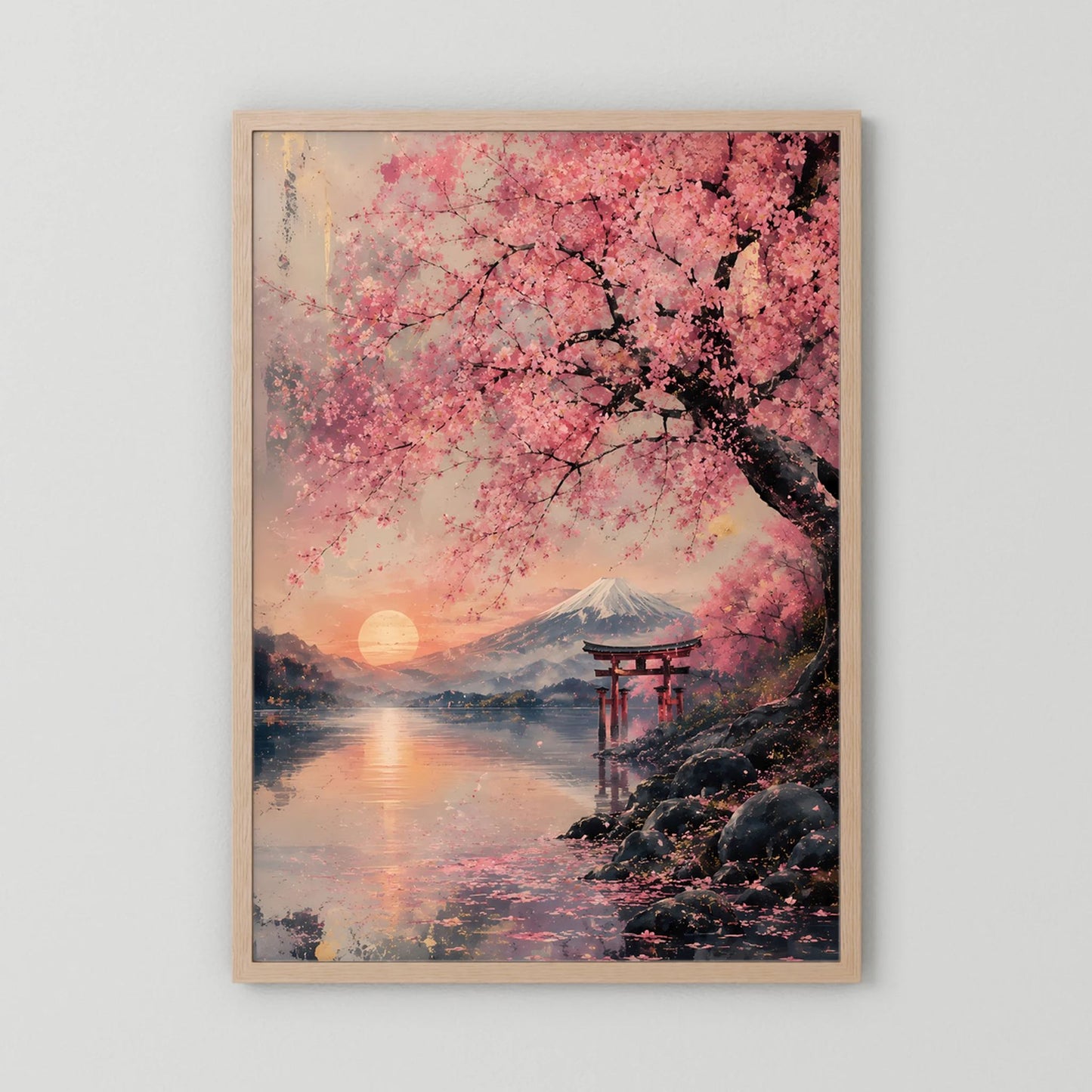 Hochformatiges Poster mit Kirschblüten, Fuji und Torii, im hellen Holzrahmen