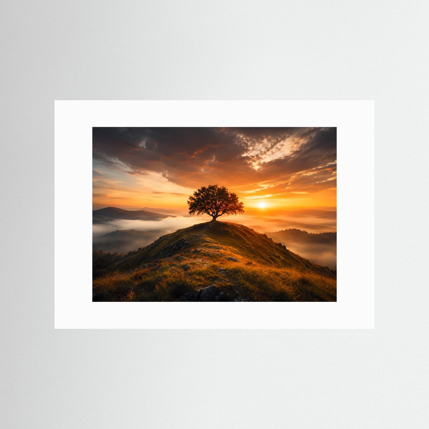 Landschaftsposter mit einsamem Baum auf Hügel, Sonnenaufgang, weißer Rand