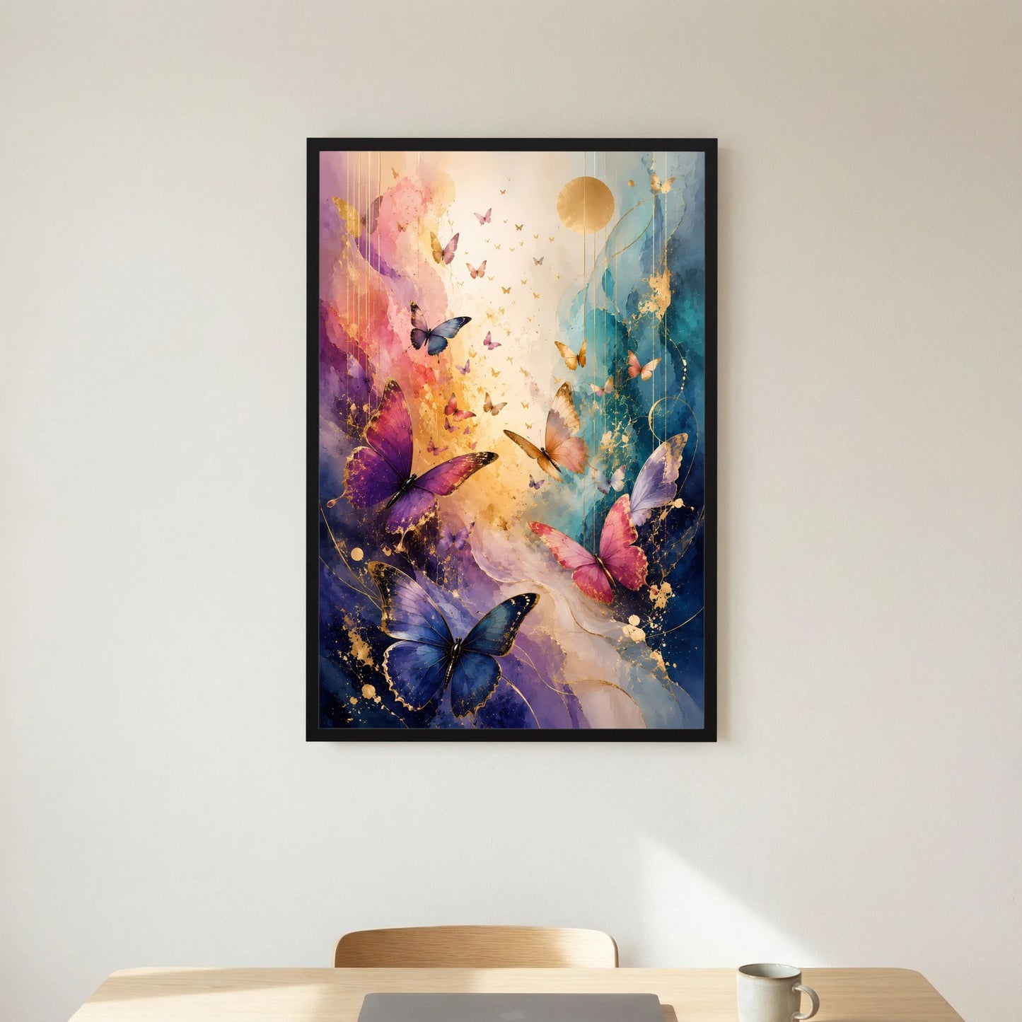 Gerahmtes Hochformat-Poster mit mehreren Schmetterlingen, blau-rosa Farbverlauf und goldenen Akzenten.