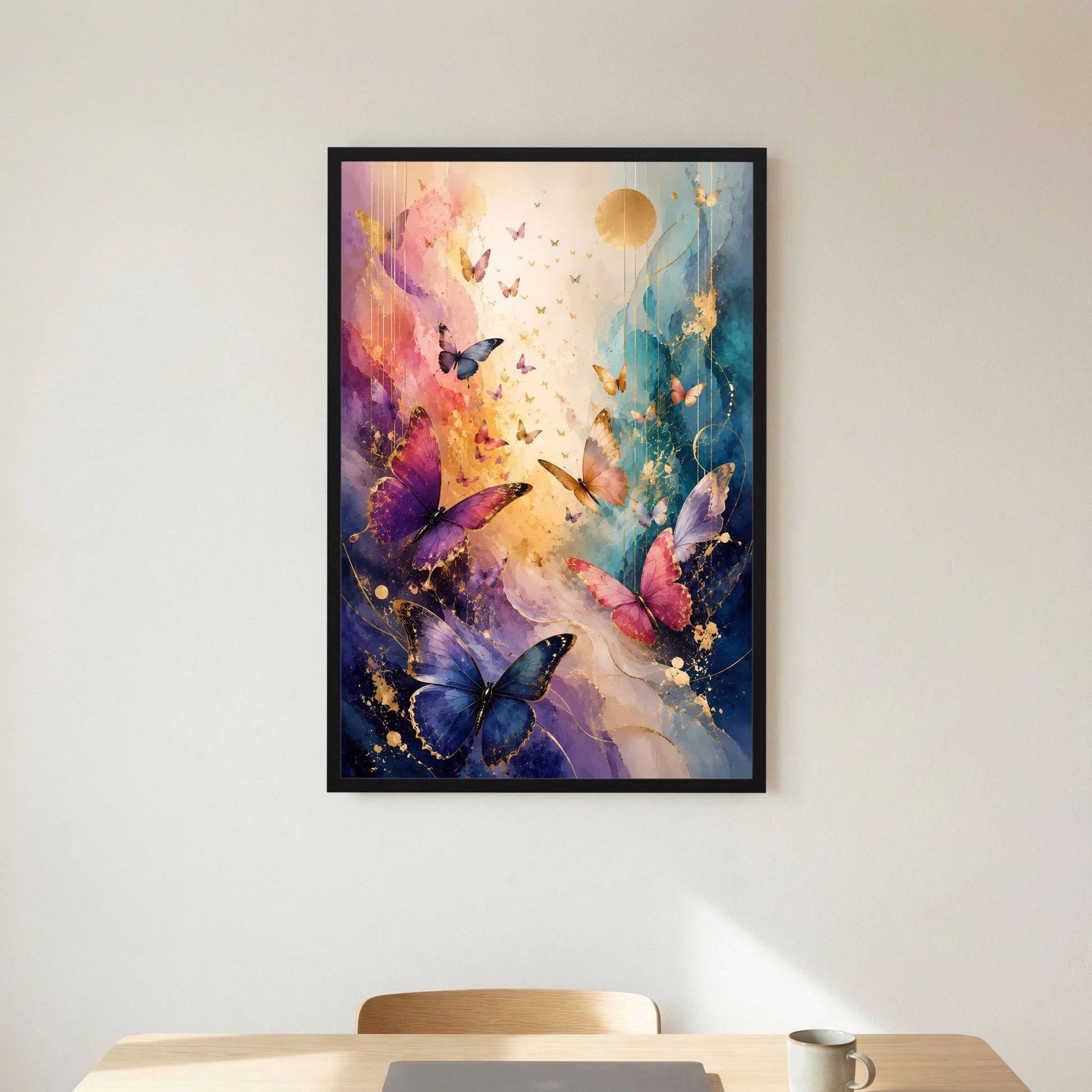 Gerahmtes Hochformat-Poster mit mehreren Schmetterlingen, blau-rosa Farbverlauf und goldenen Akzenten.