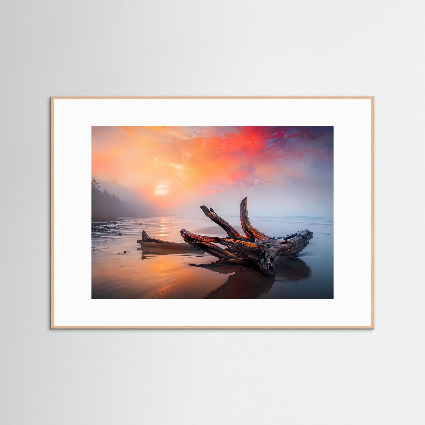 Treibholz am Nebelstrand Poster Querformat | Modernes Küstenlandschaft Wandbild bei Sonnenaufgang | Eleganter Natur Kunstdruck