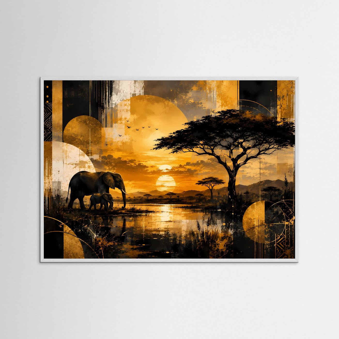 Poster im Querformat mit Elefanten in afrikanischer Savanne, Abendsonne und Baum; weißer Rahmen