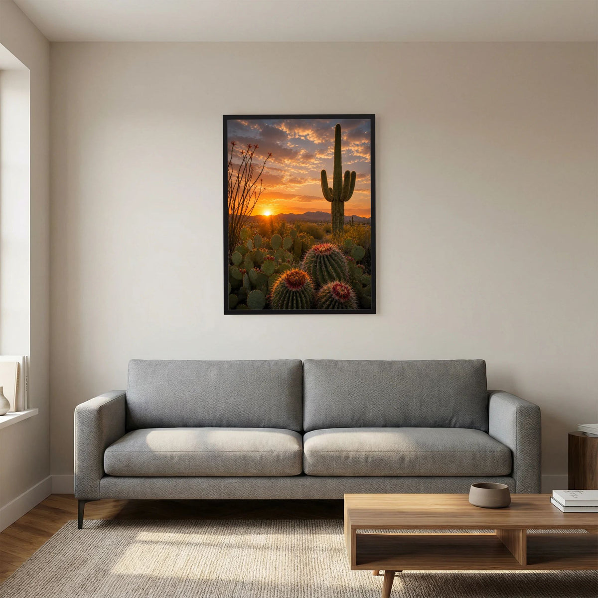 Gerahmtes Poster im Hochformat mit Kakteenlandschaft und untergehender Sonne