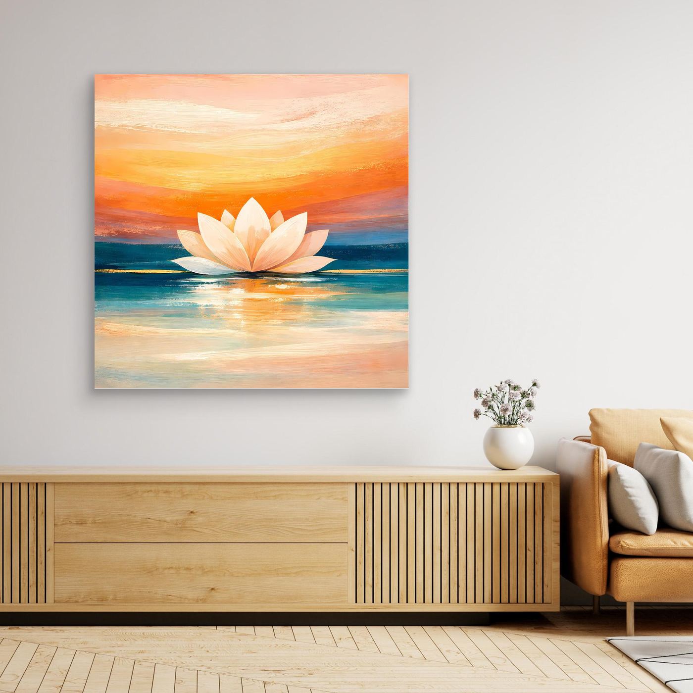 Leinwandbild mit Lotusblüte im Sonnenuntergang, Wasserreflexion, ohne Rahmen