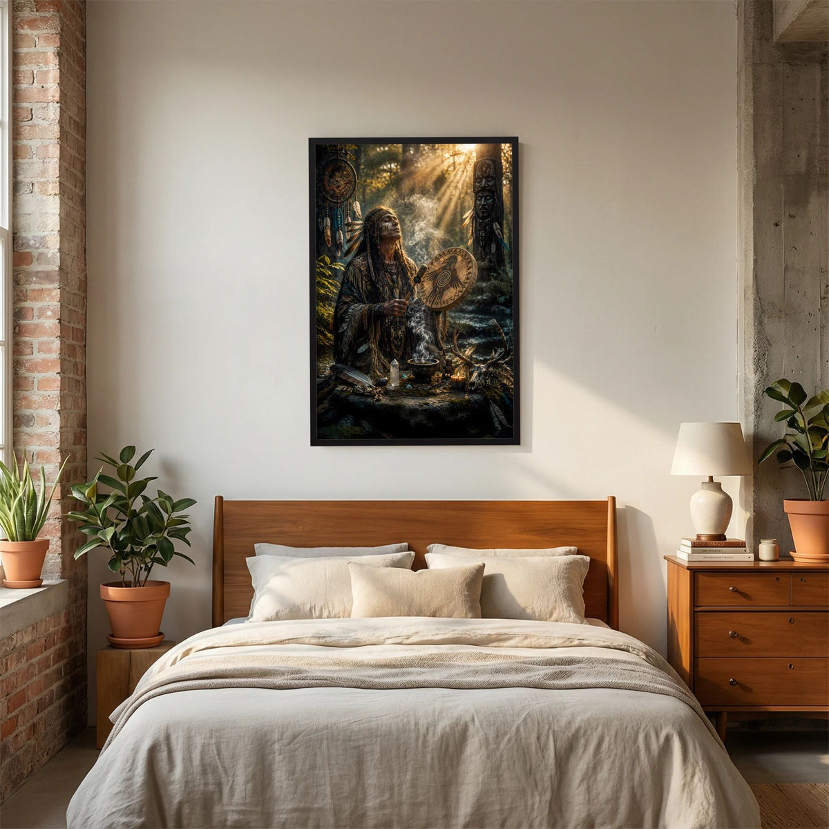 Gerahmtes Poster mit Schamanenfigur, Trommel und Rauch, schwarzer Rahmen, hochformat.