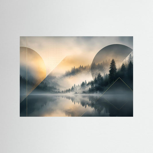 Naturposter Querformat mit Waldsee und Bergen, dunklem Grün, Grau und goldenen Akzenten